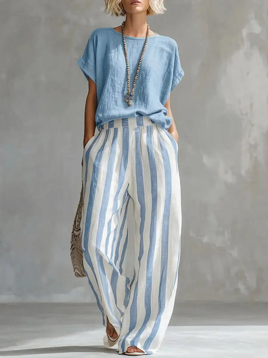 Round Neck Striped Tee And Pants Set