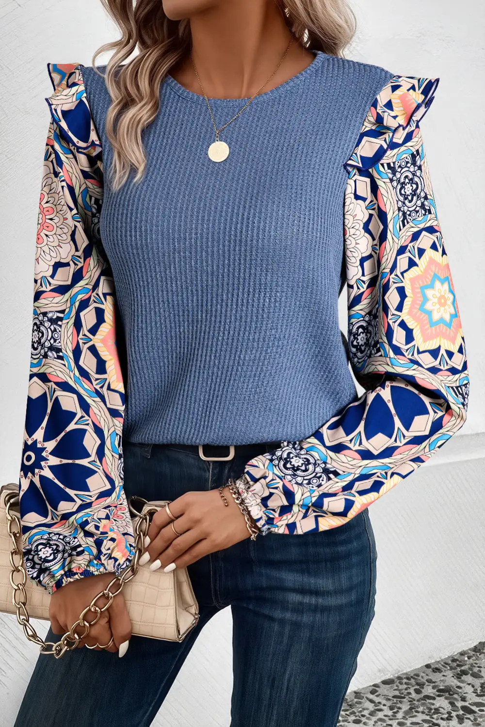 Classic Ruffled Floral Sleeve Patchwork Waffle Knit Crew Neck Blouse