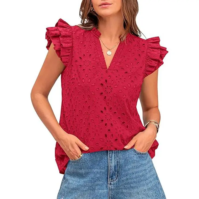 Women Summer Eyelet Tops Dressy Casual V-Neck Ruffle Cap Sleeve Cotton Boho Shirts