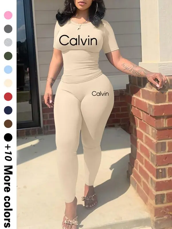 Calvin Letter Printing Women’s Casual Two-Piece Set Trendy Crop Top & Shorts | Lightweight Fabric | Effortless Summer Comfort