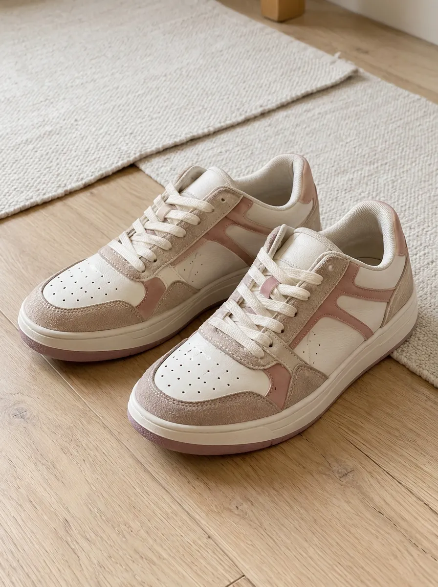 Women's Casual Pink and White Suede Patchwork Sneakers