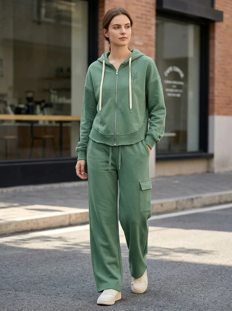 Women's Minimalist Botanical Leaf Embroidered Zip-up Hoodie Sweatpants Set