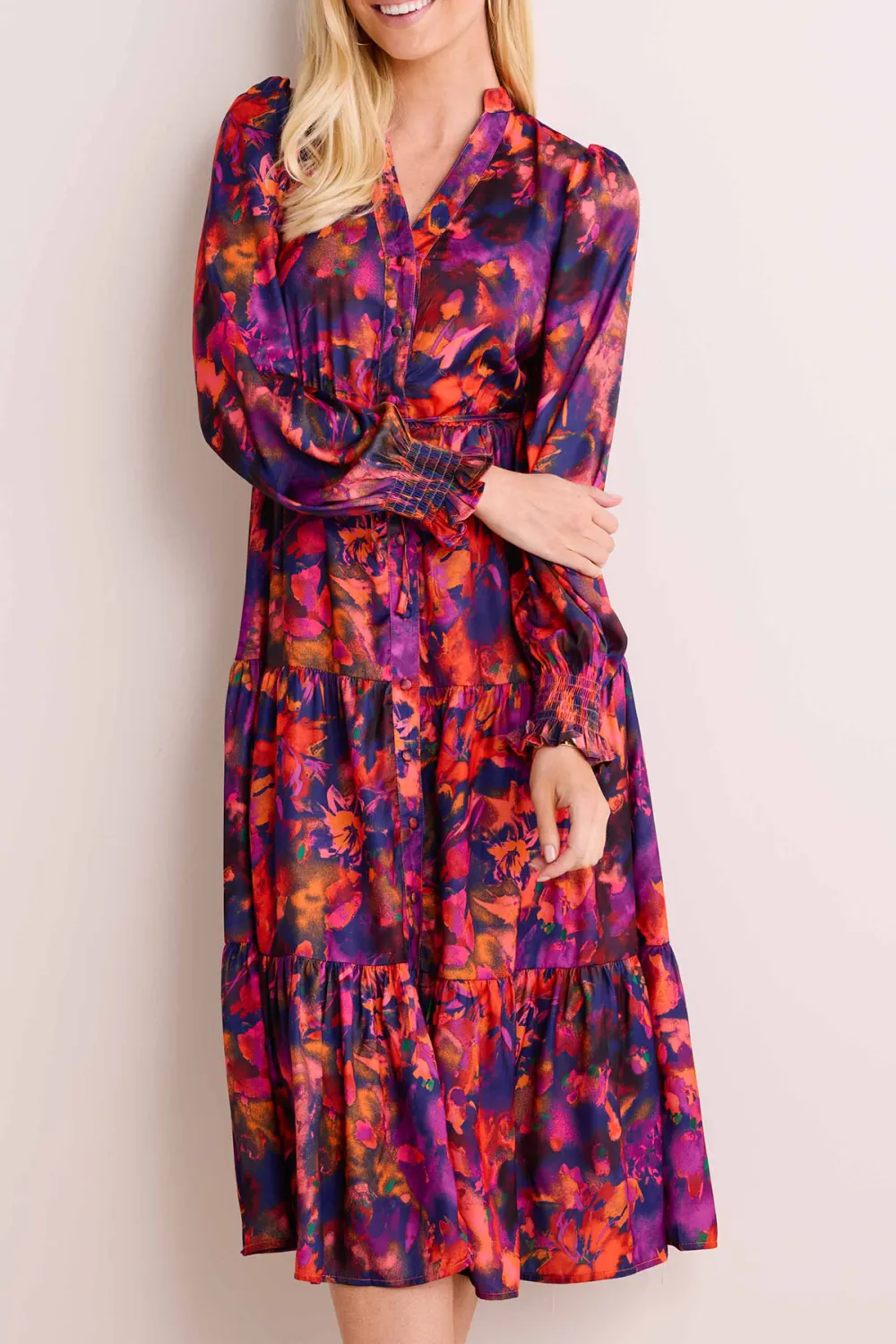 Purple Multicolored Print Flared Maxi Dress