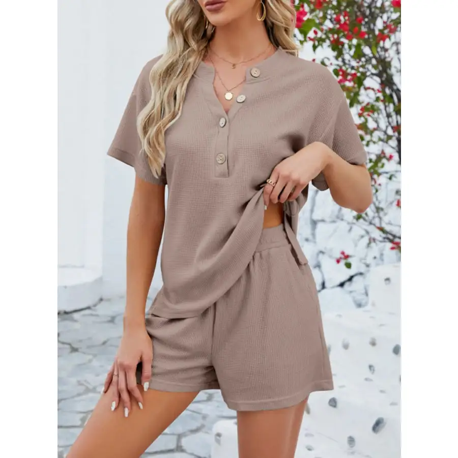 Casual Button Detail Ribbed Top and Shorts Two Piece Set