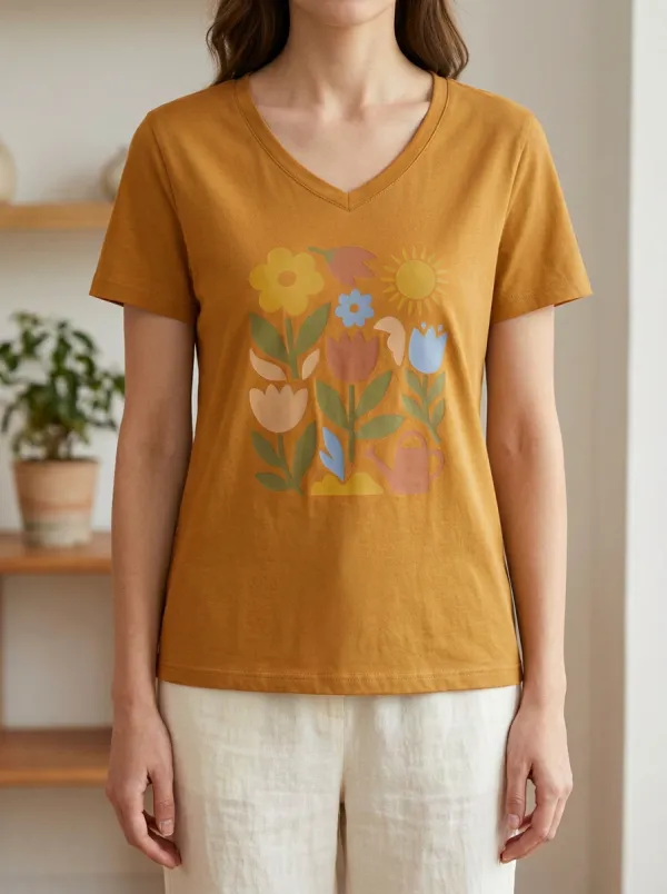 Women's Gardening Floral Sun Watering Can Print V-Neck T-Shirt