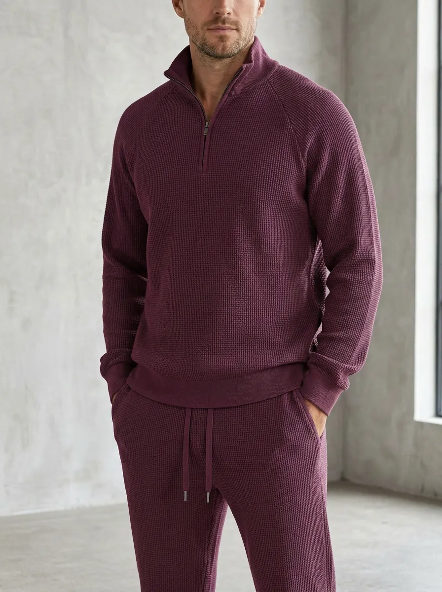 Refined Waffle-Knit Men's Quarter-Zip Knit Tracksuit Set