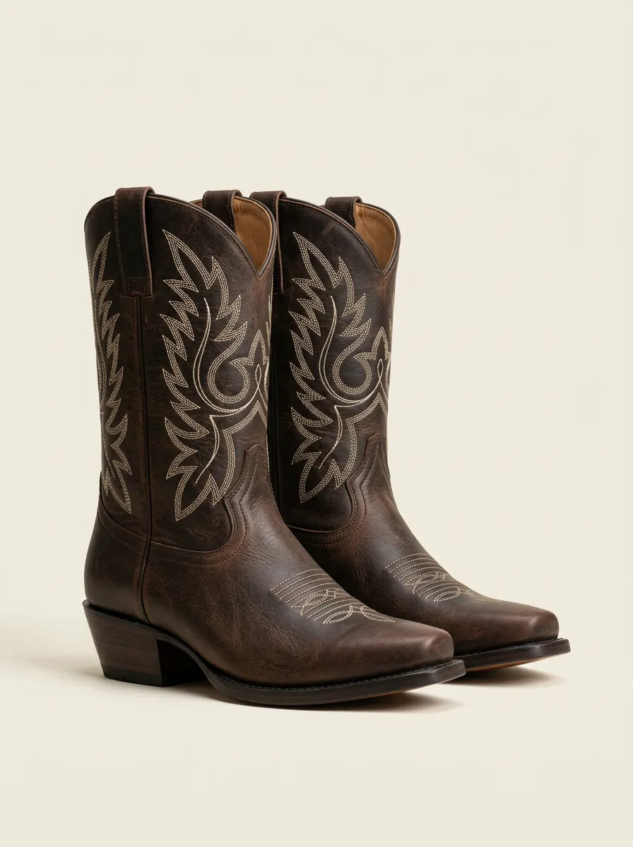 Unisex Brown Leather Western Cowboy Boots with Embroidered Design