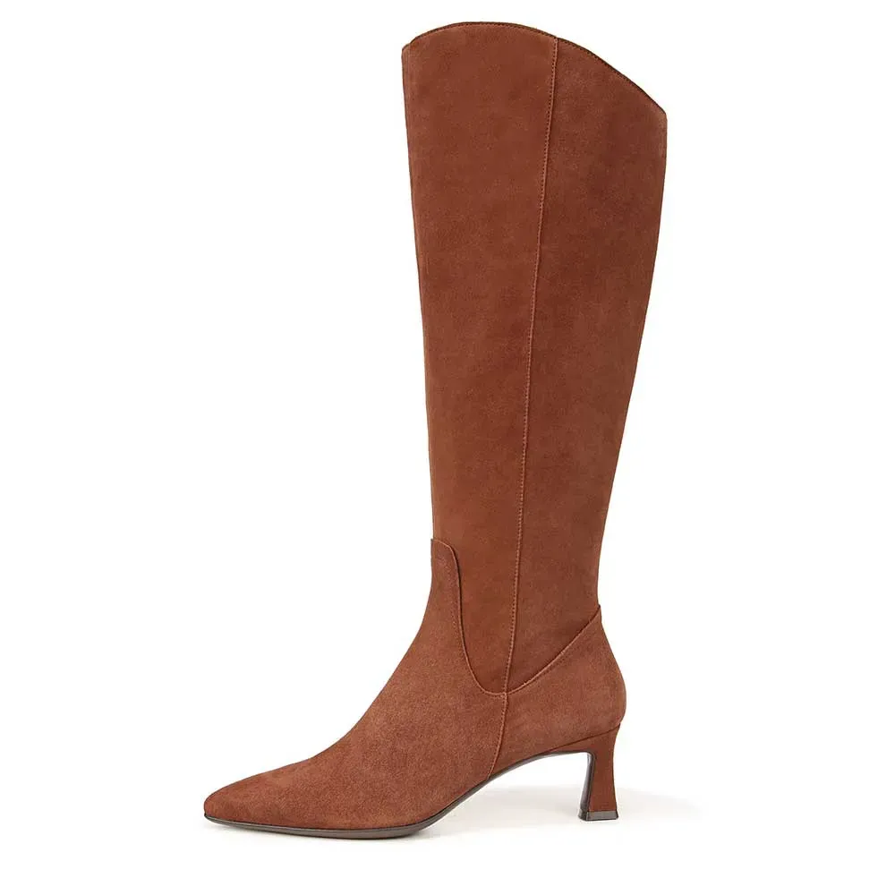 Faux-Suede Zip-Up Pull-On Kitten-Heel Knee-High Boots