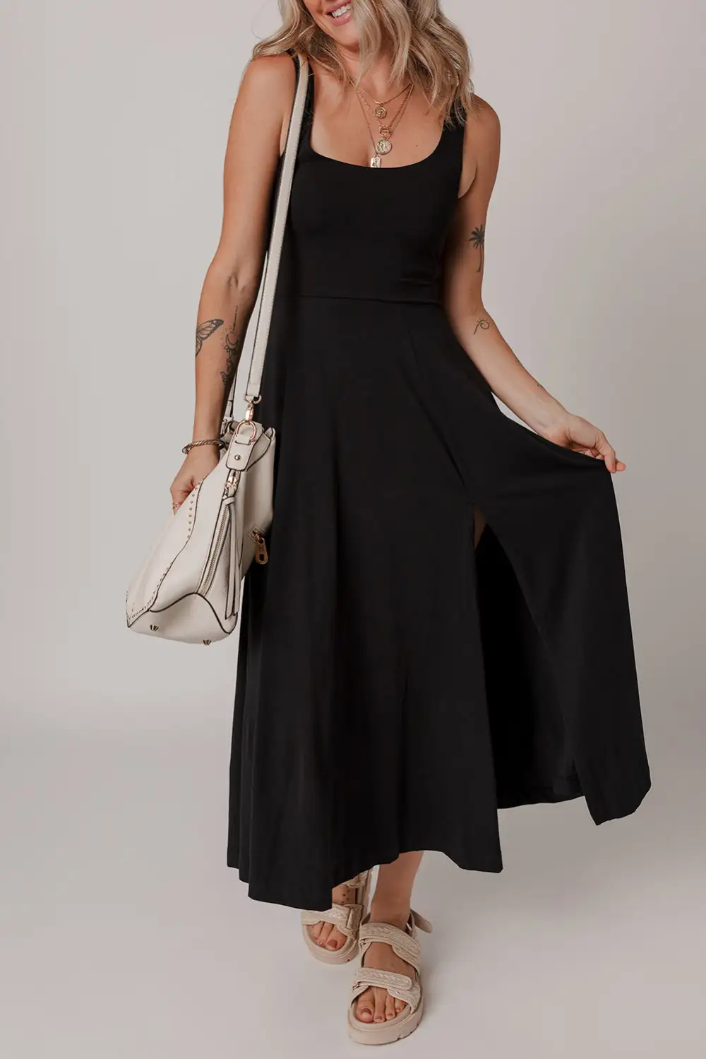 Sleeveless Scoop Neck Flared Side Slit Midi Dress