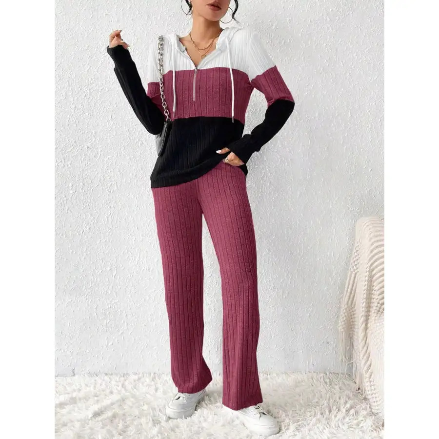 Block Half Zip Hooded Top and Pants Set