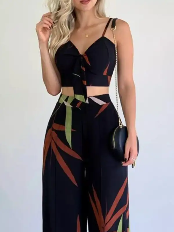 Tropical Print Spaghetti Strap Crop Top and Wide Leg