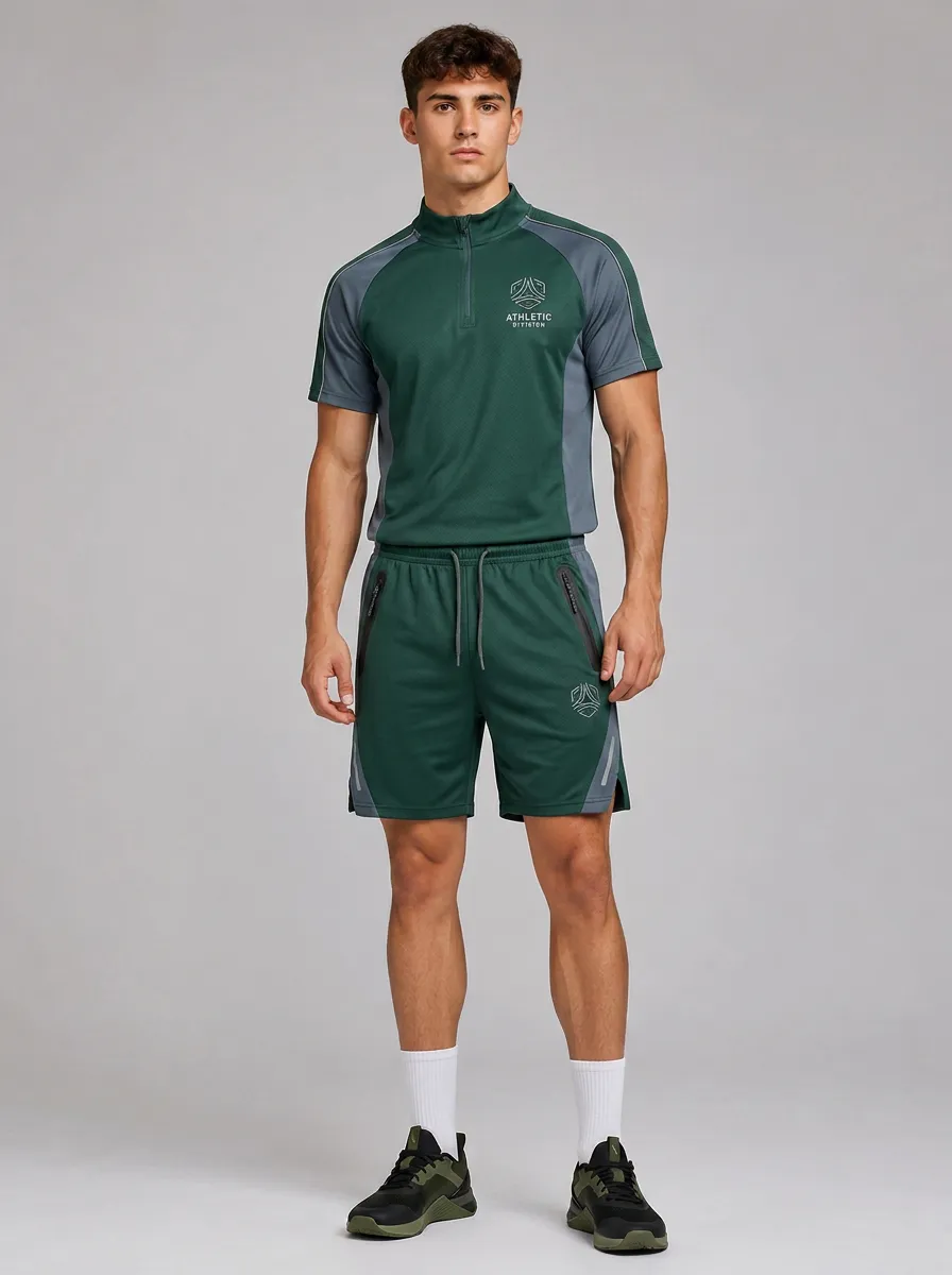 Men's Athletic Division Logo Printed Quarter-Zip Polo Shorts Set