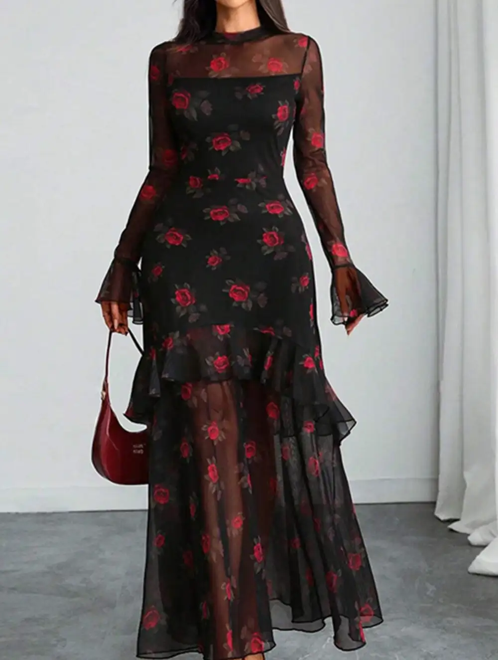 Dress With Lotus Leaf Sleeve And Floral Print