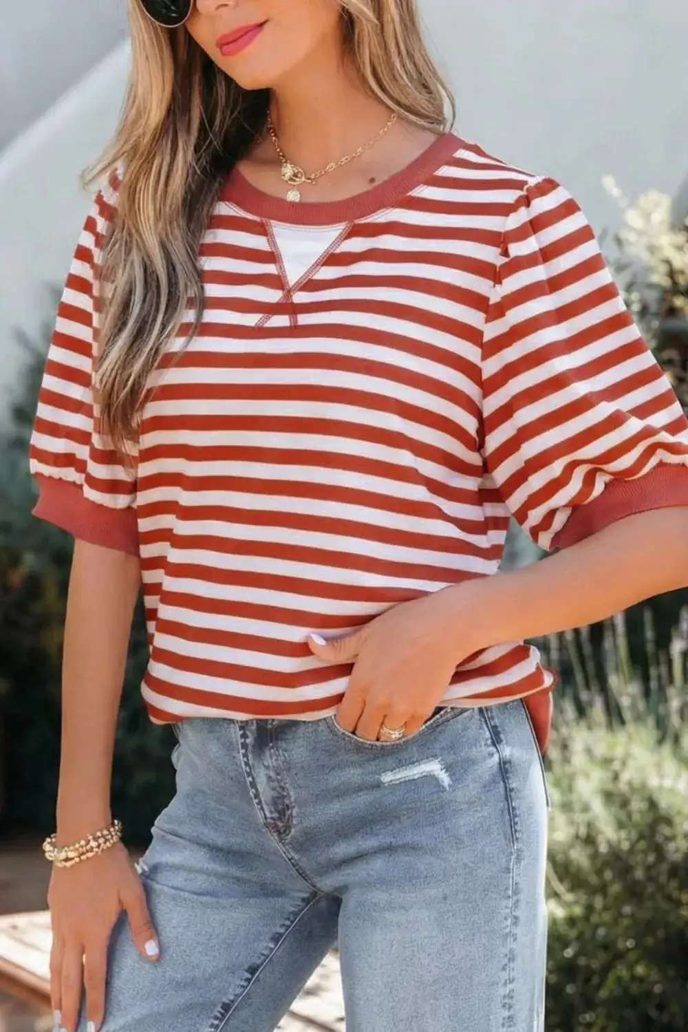 Striped Puff Sleeve Casual T Shirt