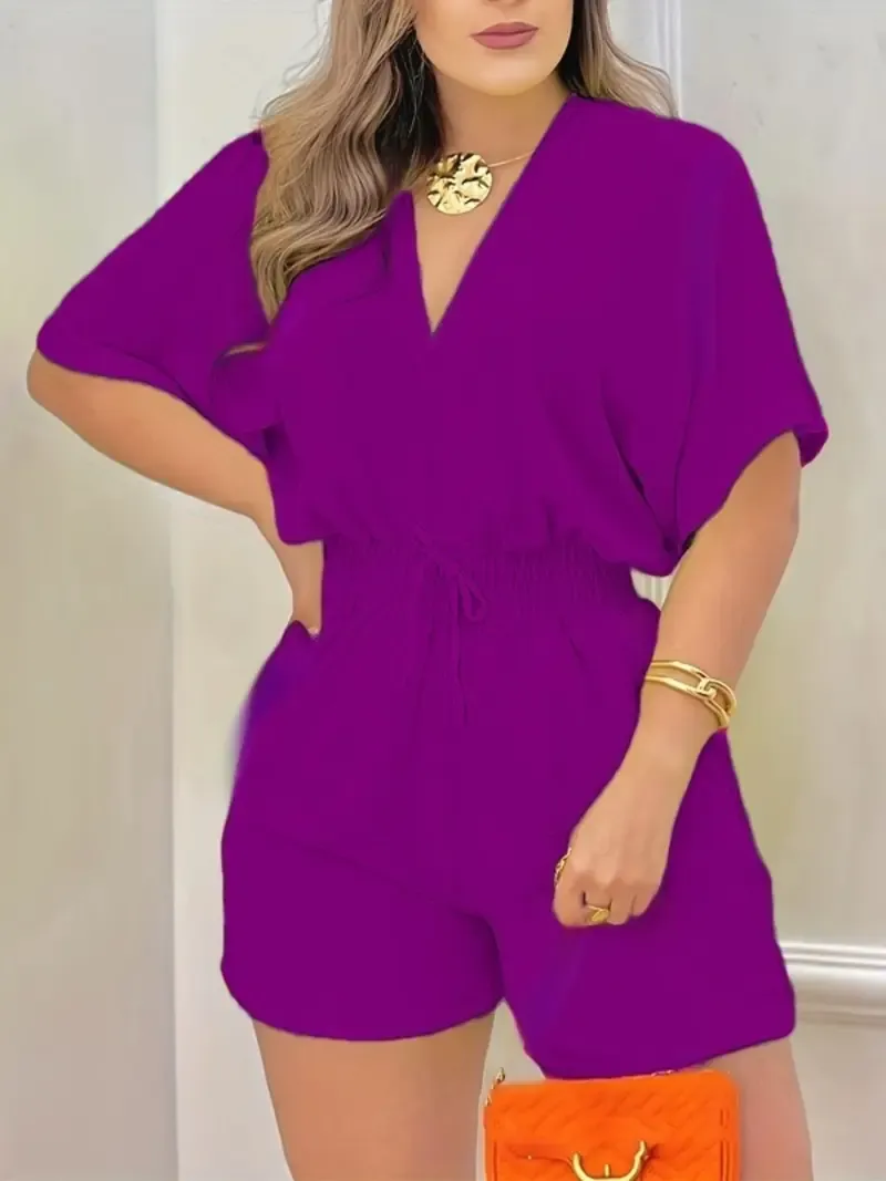 Women's Solid-Color V-Neck Jumpsuit with Drawstring Waist