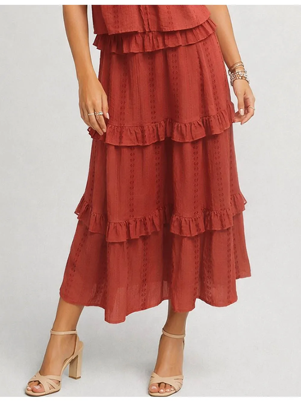 Tiered Rufflesmocked Waist Midi Skirt