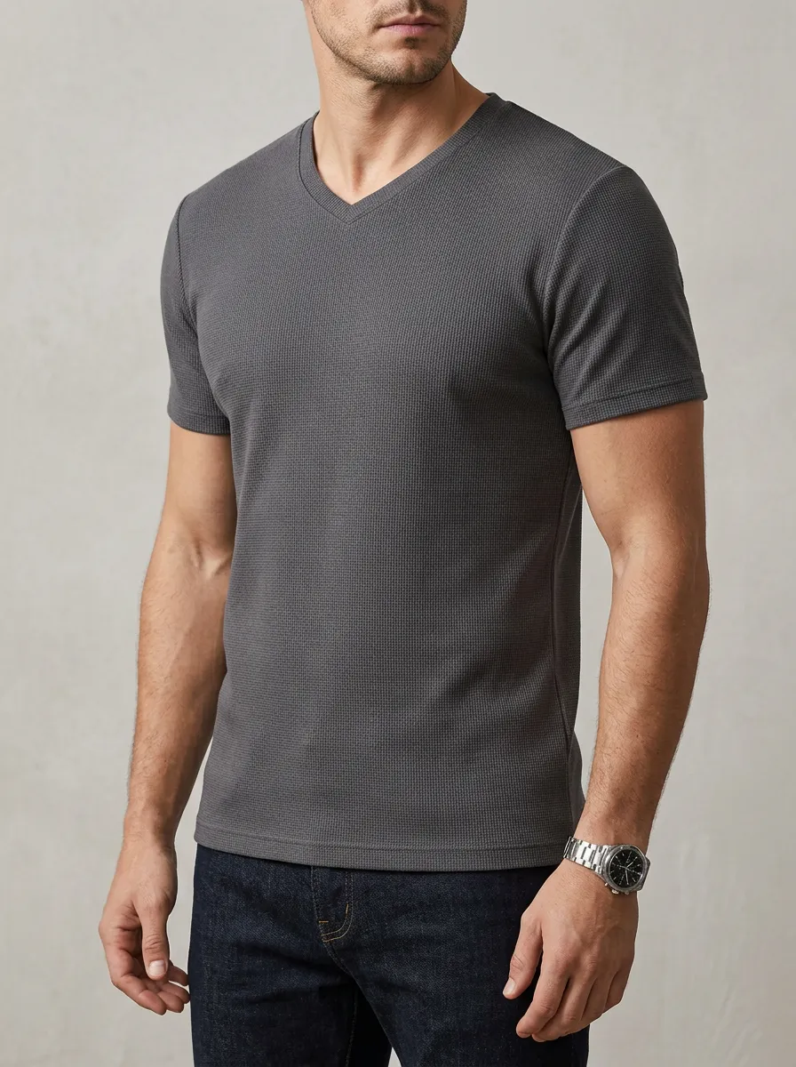 Streamlined Waffle Knit Textured V-Neck Daily Wear Men's Slim Fit Short Sleeve T-Shirt
