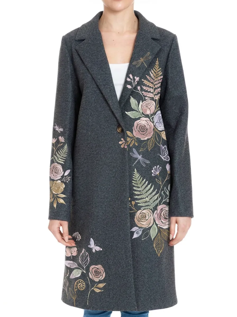 Women's Botanical Floral Dragonfly Printed Wool Coat