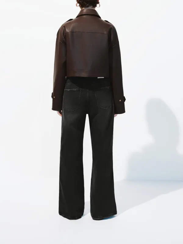 A Short Brown Loose Lapel Retro-Style Leather Jacket For Women