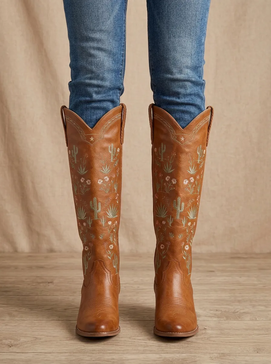 Women's Western Cactus Floral Star Embroidered Braided Almond-Toe Denim Over-the-Knee Boots