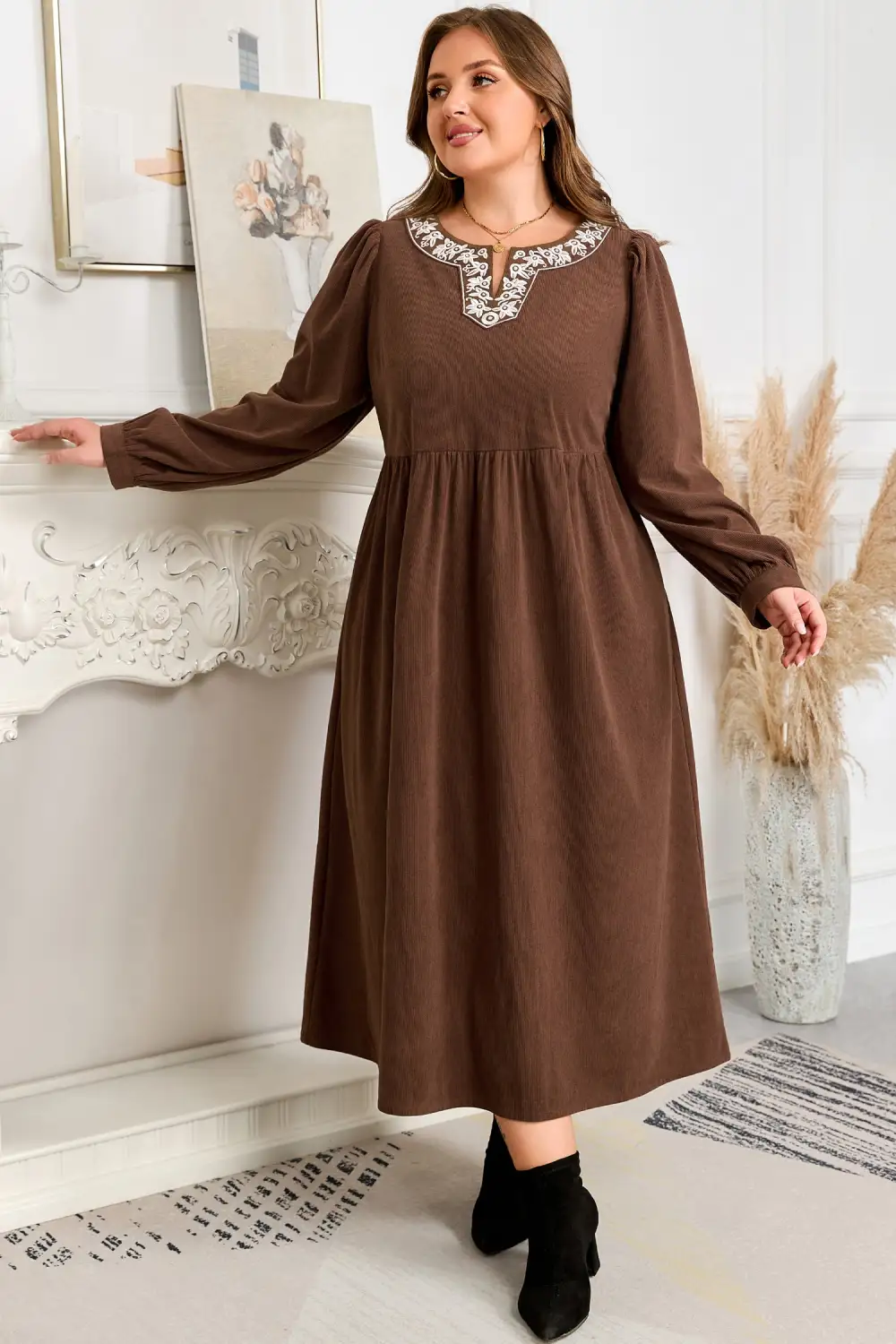 Embroidered Split Neck Pleated Midi Dress