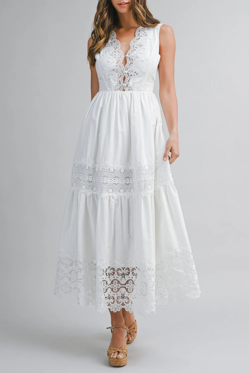 Sleeveless Lace Trim Back Tie Midi Dress