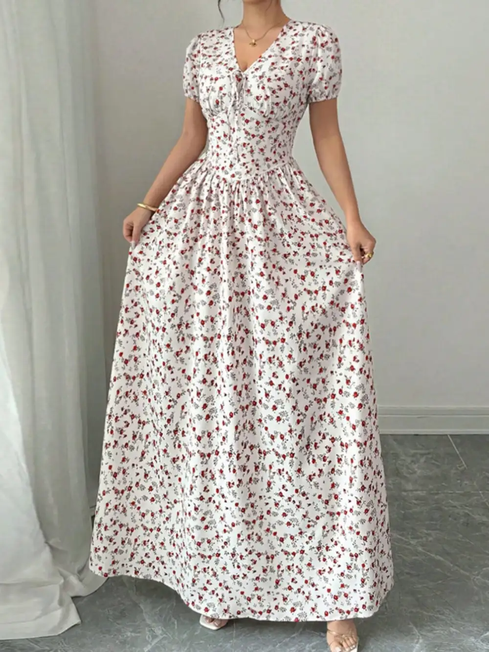 Finish Floral Printed V Neck Maxi Dress