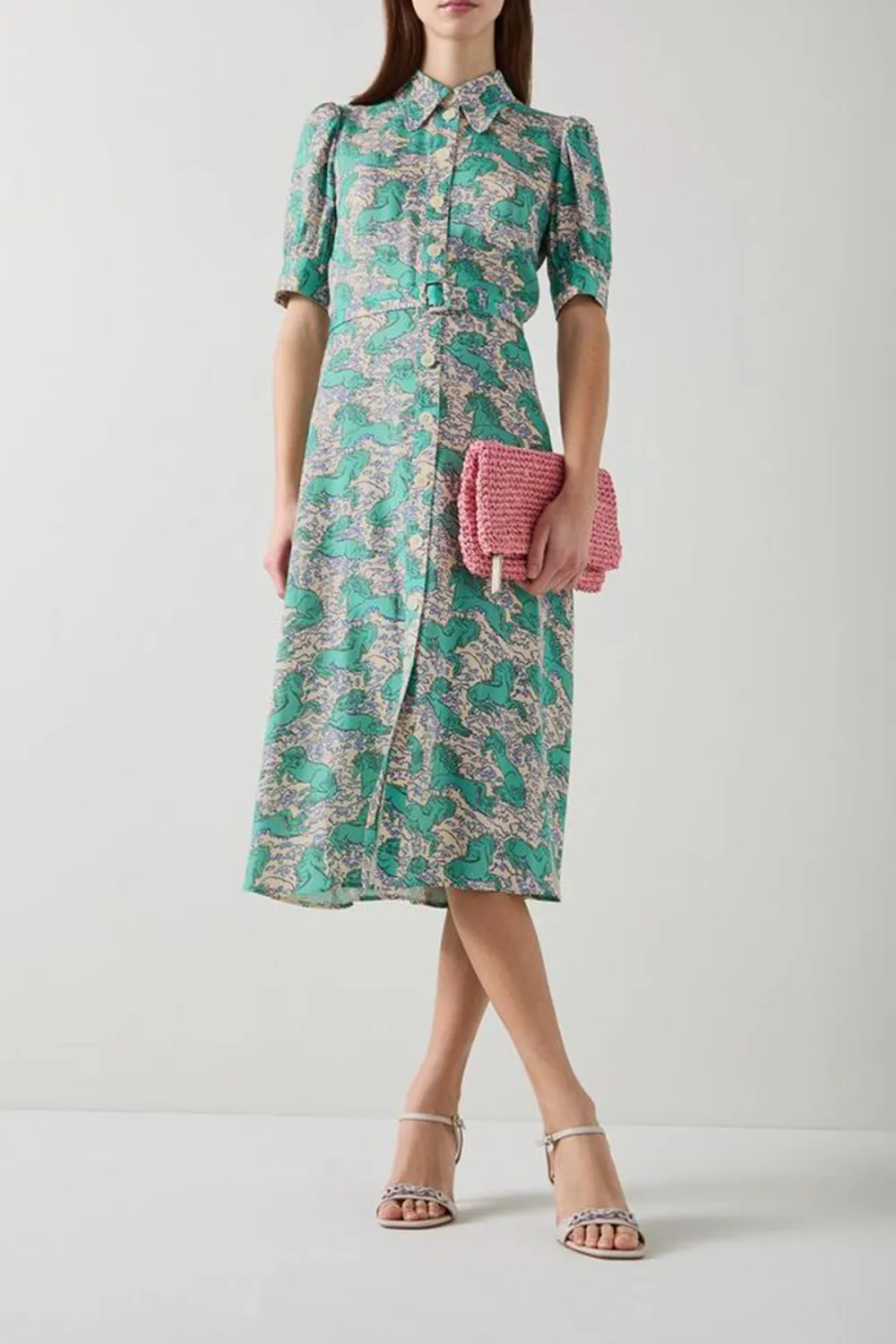 Green Floral Print Short Sleeve Midi Dress
