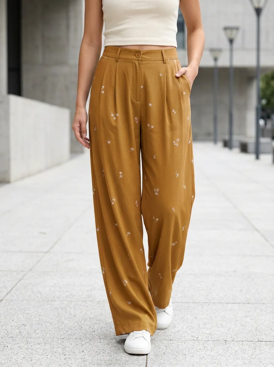 Women's Floral Small Daisy Print Wide-Leg Casual Pants