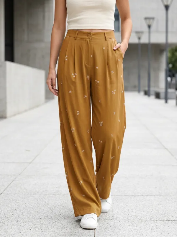 Women's Floral Small Daisy Print Wide-Leg Casual Pants