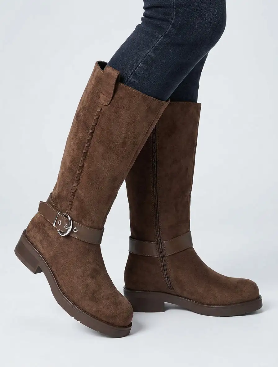 Modern Strap Detail Block Heel Faux Suede Knee High Boots