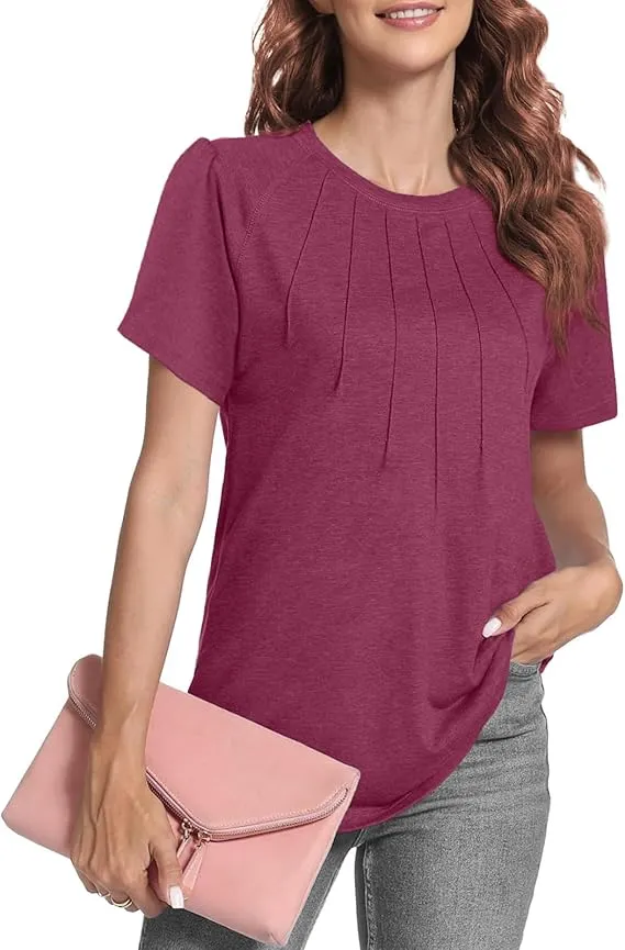 5PACK-Casual Short Puff Sleeve Pleated Shirts Casual Blouses