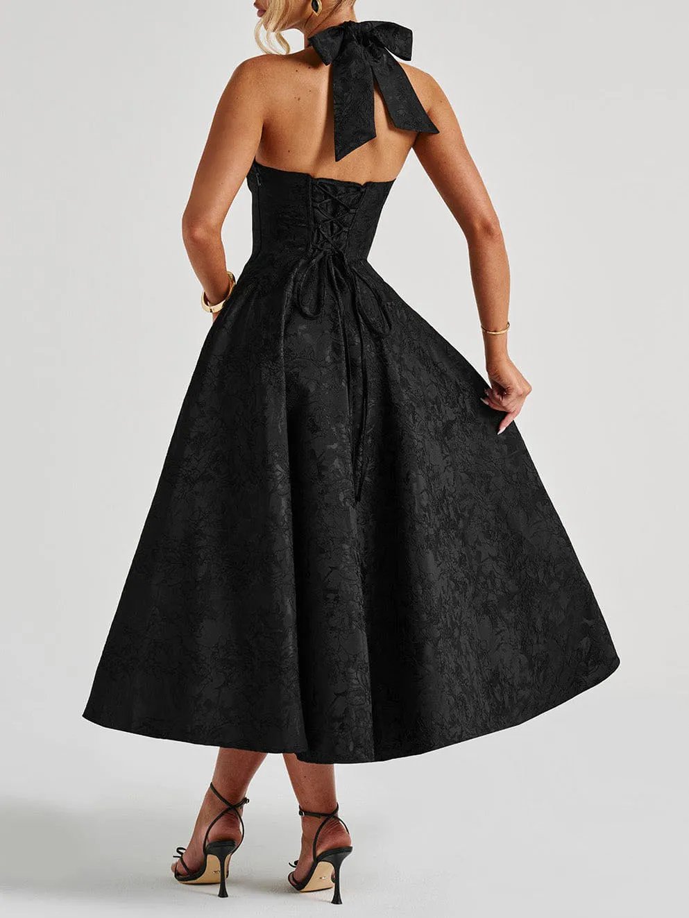 Vintage Elegant Jacquard V Neck Halter Midi Dress