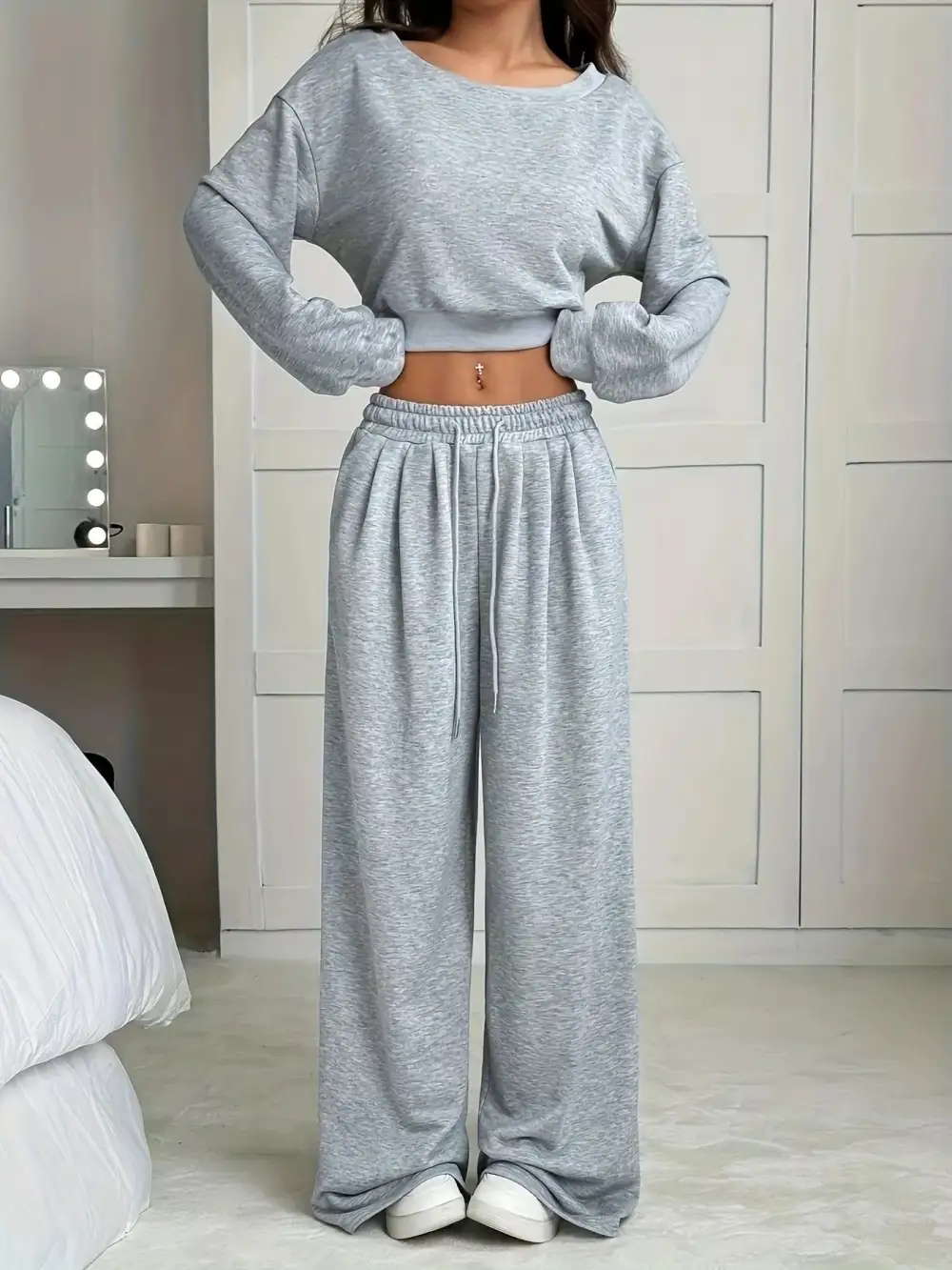 Boat Neck Crop Top & Wide Leg Pants Set