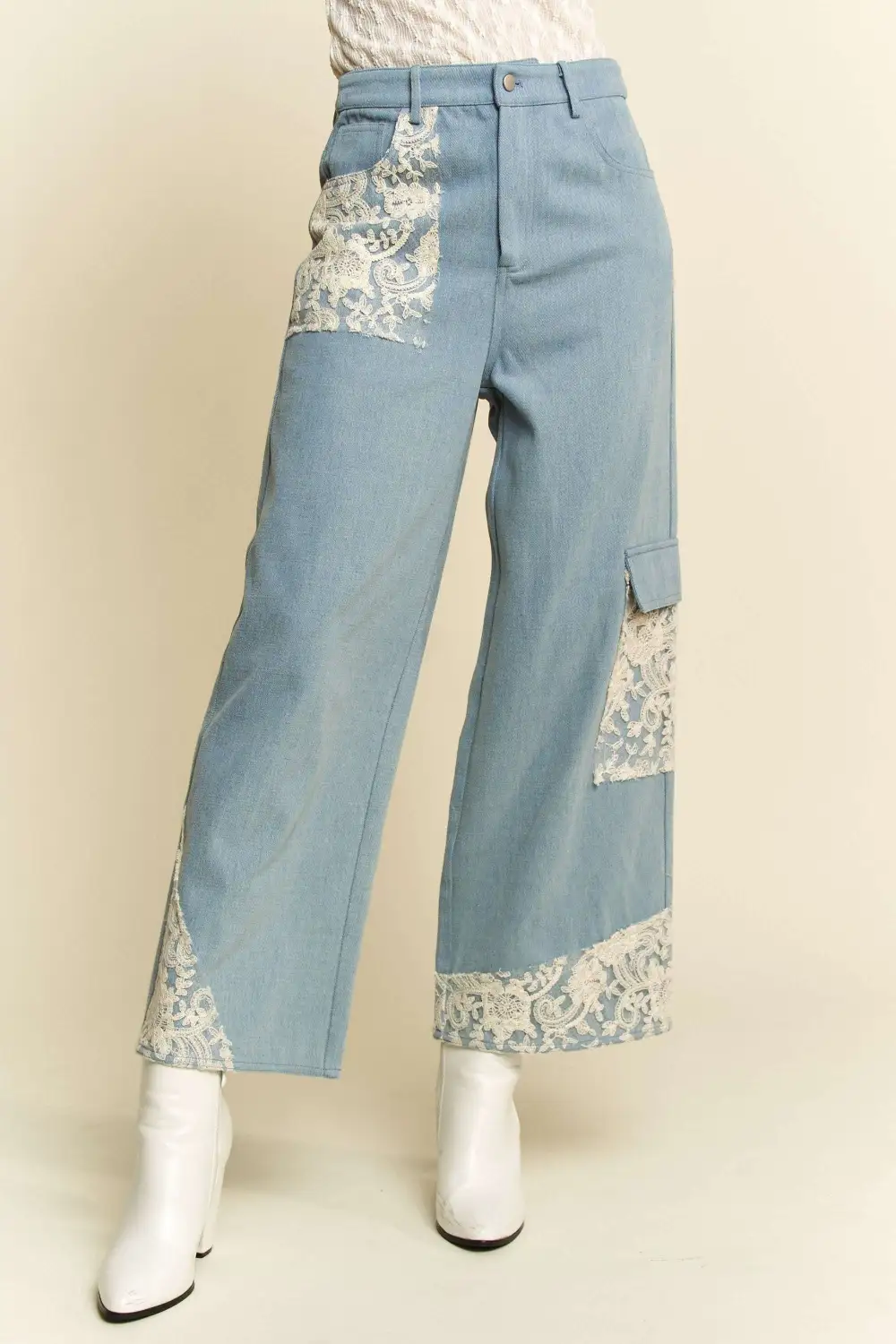 Lace Applique Wide Leg Denim Jeans