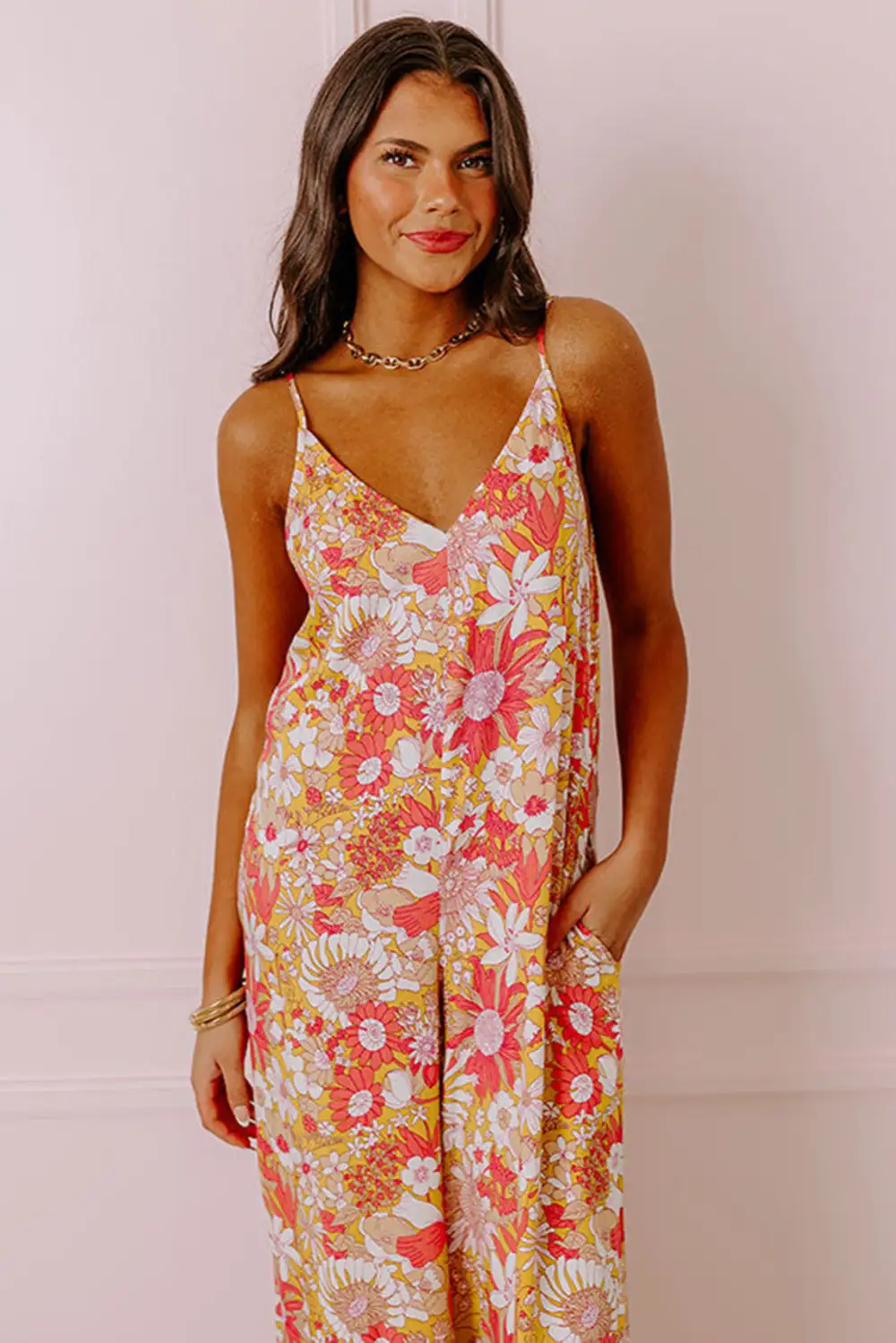 Floral V Neck Wide Leg Sleeveless Jumpsuit