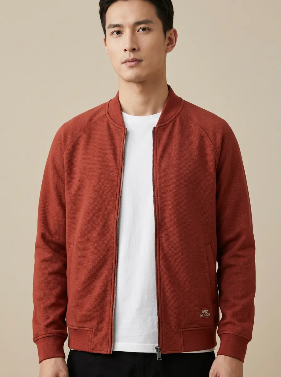 Solid Textured Bomber Zip Jacket