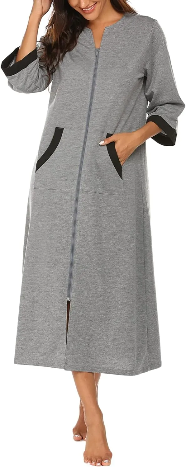 50% OFF Women Zipper Robe 3/4 Sleeves Loungewear Dress Full Length Sleepwear Pockets Housecoat Nightgown Long Bathrobe