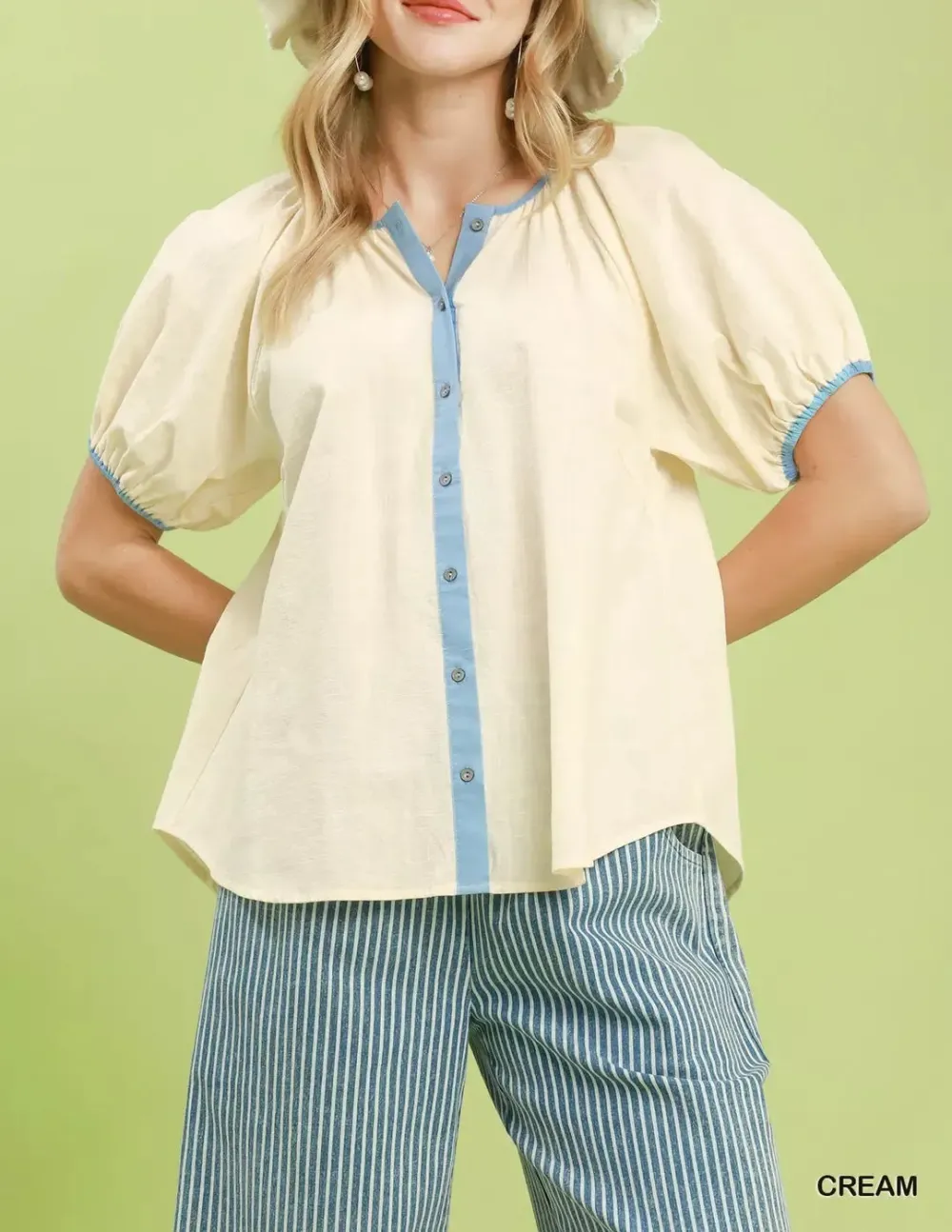 Cotton Contrast Trim Button-Front Puff Sleeve Blouse