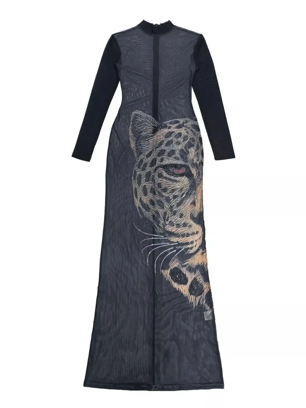 Leopard Print Mesh Long Sleeve Maxi Dress
