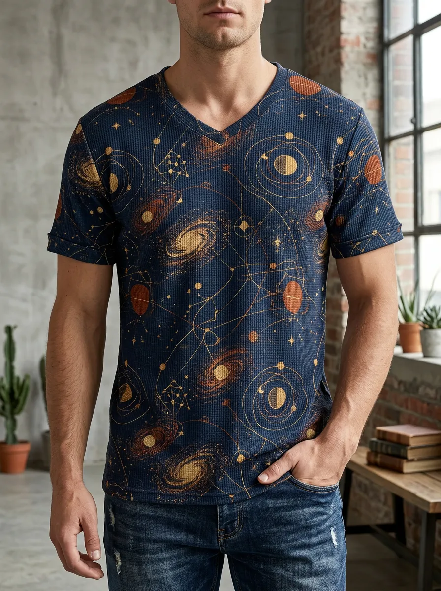 Men's Astronomy Lover Galaxy Solar System Printed V-Neck T-Shirt