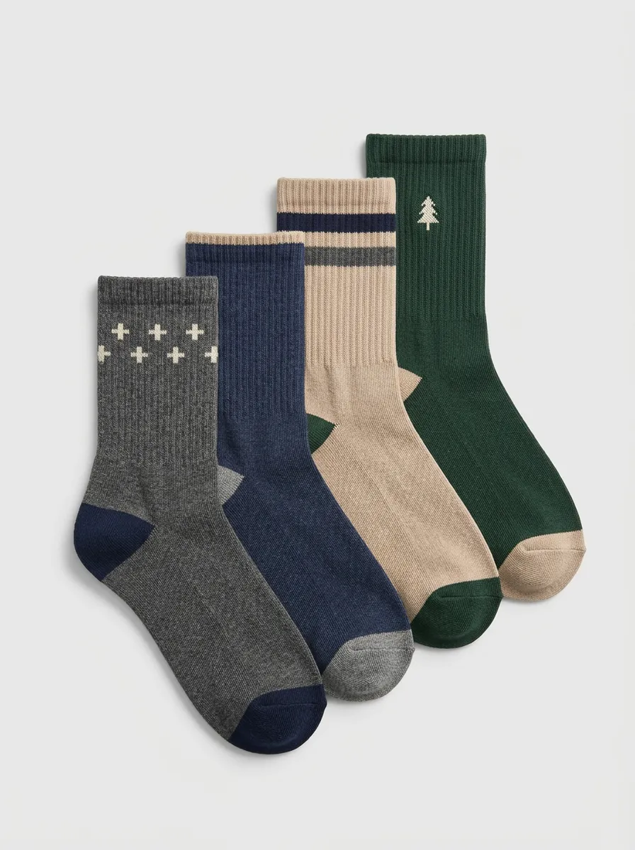 Pine Tree Motif Cross Motif Striped Geometric Men's Crew Socks Four-Pair Pack