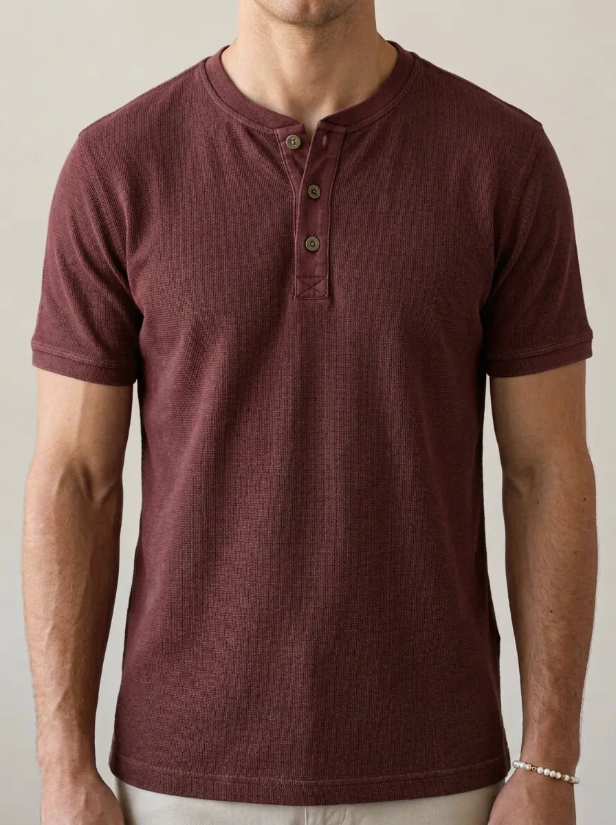 Modern Waffle-Knit Button-Placket Men's Short-Sleeve Henley Shirt