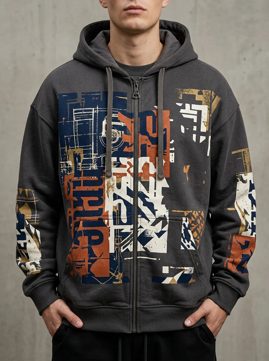 Men's Abstract Geometric Art Allover Graphic Zip-Up Hoodie