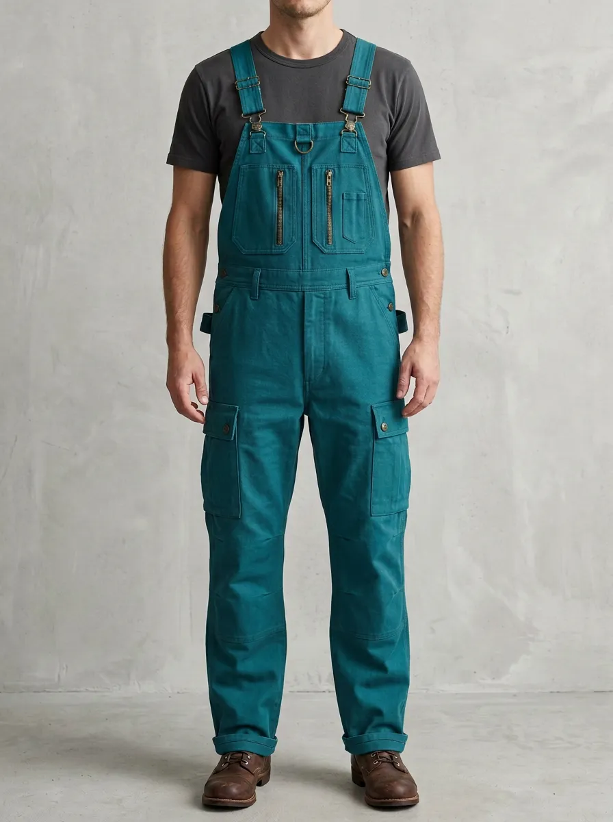 Men's Olive Green Cargo Multi-Pocket Bib Overalls