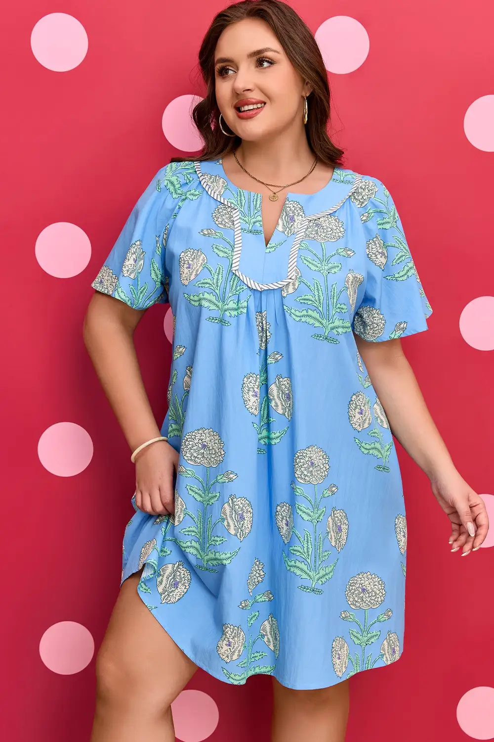 Soft Touch Floral Striped Split Neck Mini Dress