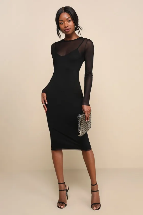 Perfect Plans Black Sheer Mesh Long Sleeve Midi Dress