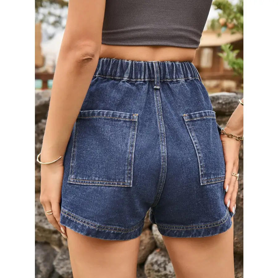 Textured High Waist Denim Shorts with Pockets