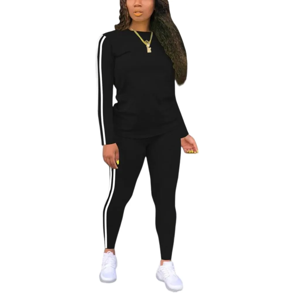 Women's Striped Print Long Sleeve Top & Pants Two-piece Set
