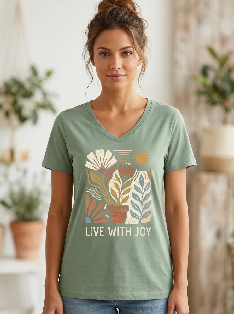 Women's Boho Plant Live With Joy Print V-Neck T-Shirt
